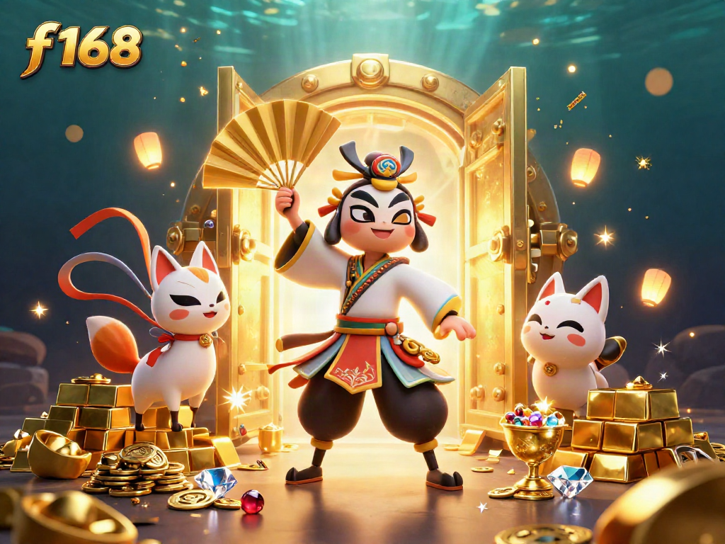 Experience thrilling wins at f168 with dynamic 3D casino characters amidst sparkling treasures.