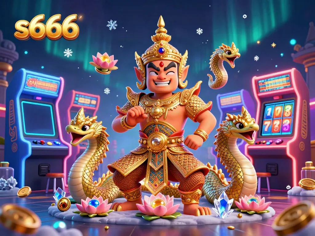 Experience the vibrant world of s666 casino with a colorful 3D illustration of games, a guardian, and golden Naga serpents.