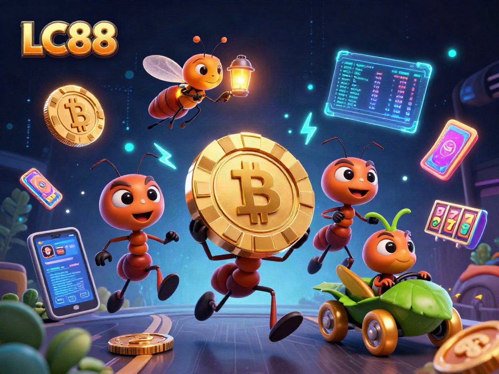 LC88 heist in a vibrant casino-themed scene with cartoon ants and crypto elements