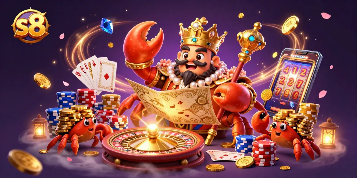 Experience exciting gameplay at s8 with our lively golden crab emperor illustration, showcasing vibrant casino elements.