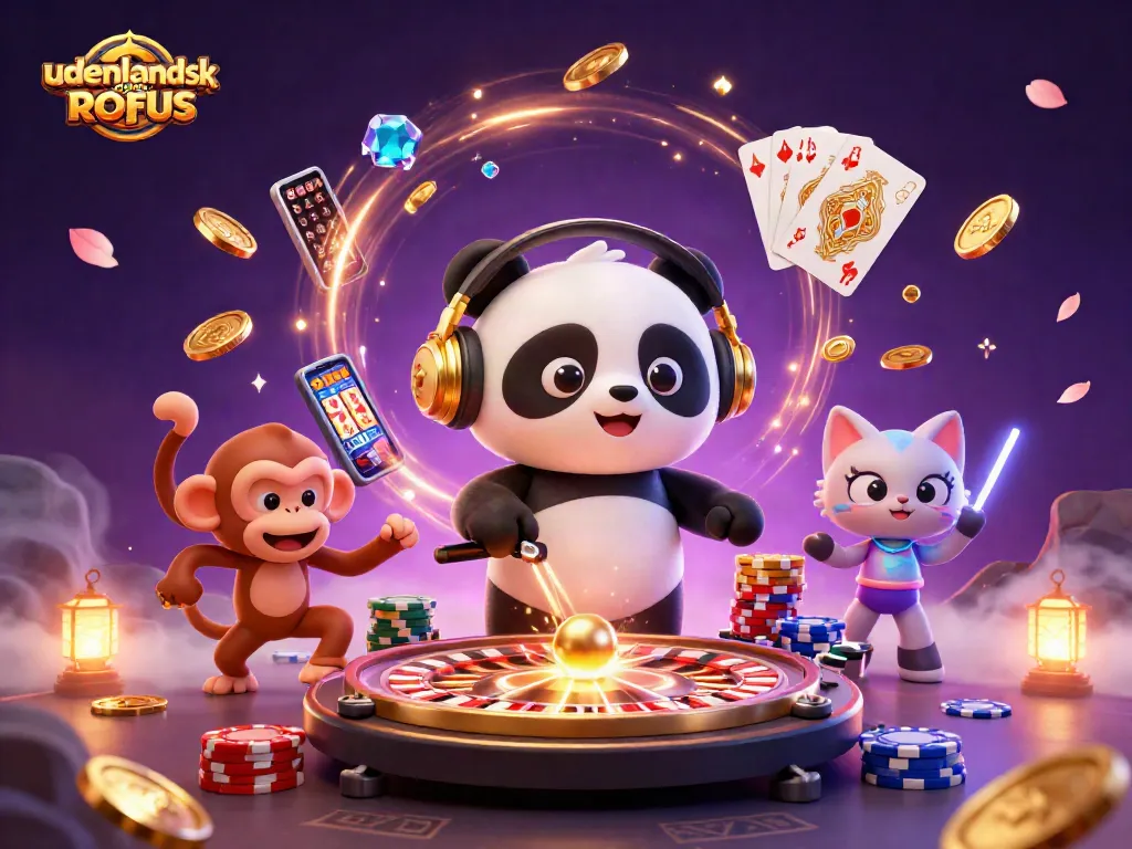 Experience fun at a udenlandsk casino uden ROFUS with a DJ panda, dancing monkey, and vivid casino elements.