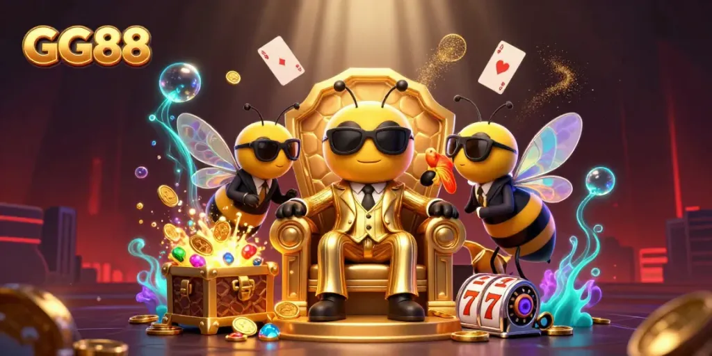 Experience GG88's vibrant casino atmosphere with dynamic game elements and characters.