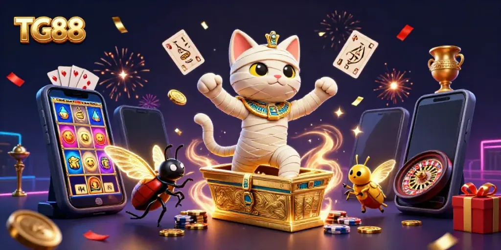 Experience thrilling action with TG88's 3D cartoon mummy cat in a vibrant casino scene.