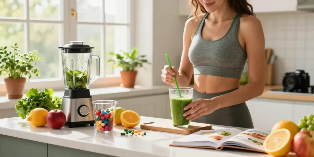Health-conscious woman using supplements from https://biolabshop.nl/ while preparing a smoothie in a bright kitchen.
