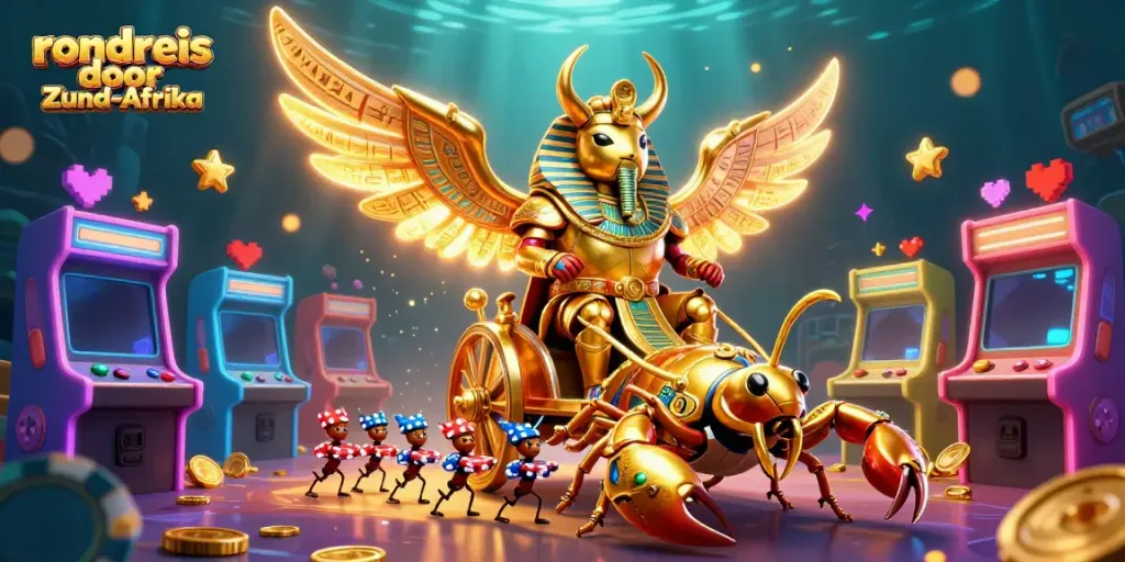 Ervaar de spanning van een rondreis door Zuid-Afrika met deze levendige 3D-illustratie vol casino-elementen en avontuur.