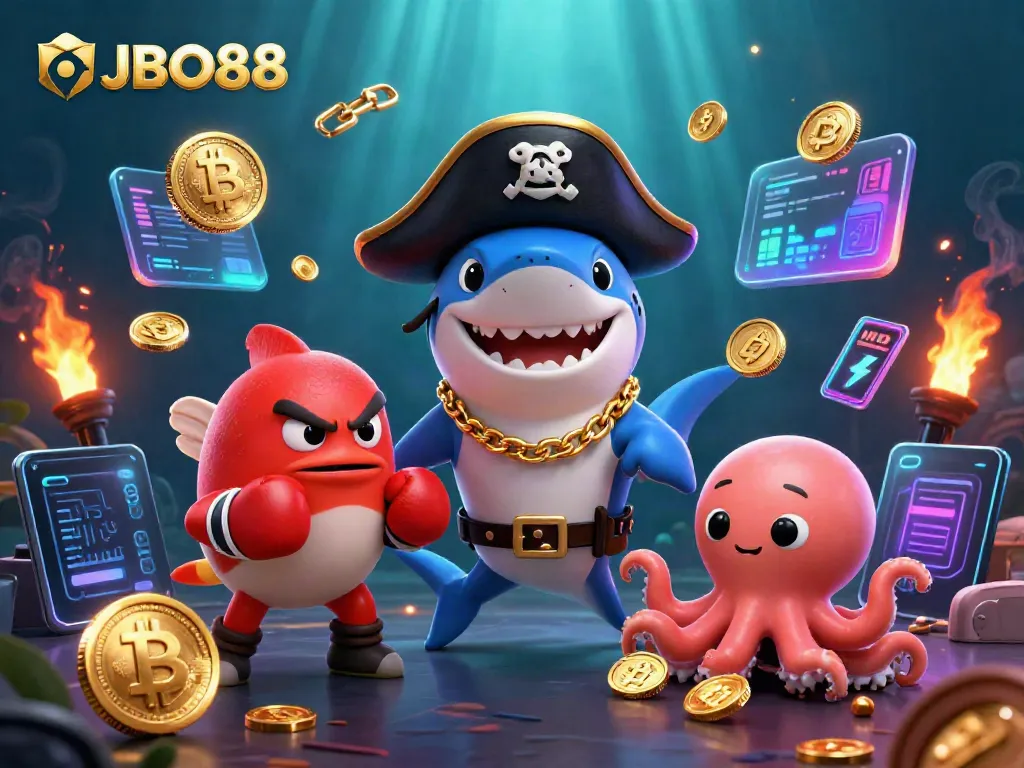 Experience thrilling gaming with JBO88 as a pirate shark, pufferfish, and octopus celebrate winnings.