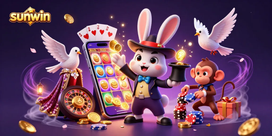 Experience the magic of sunwin as the rabbit conjures coins amidst vibrant casino chaos, perfect for gamers.