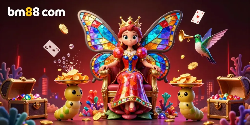 Experience the vibrant online betting world with bm88 com amidst dynamic casino elements and a butterfly queen.