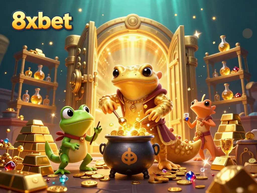 Engage and win at 8xbet with a vibrant illustration showcasing a magical treasure transmutation scene from a fantasy casino adventure.