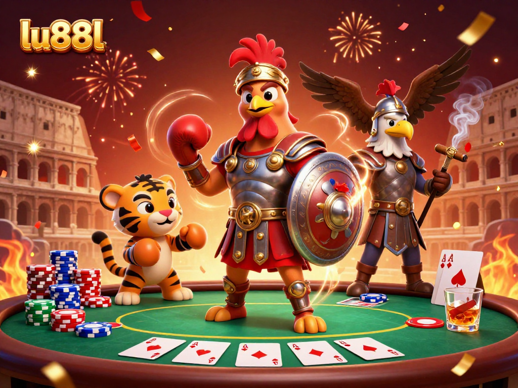 Engage with thrilling action at lu88l's immersive gaming arena featuring vibrant characters and casino elements.