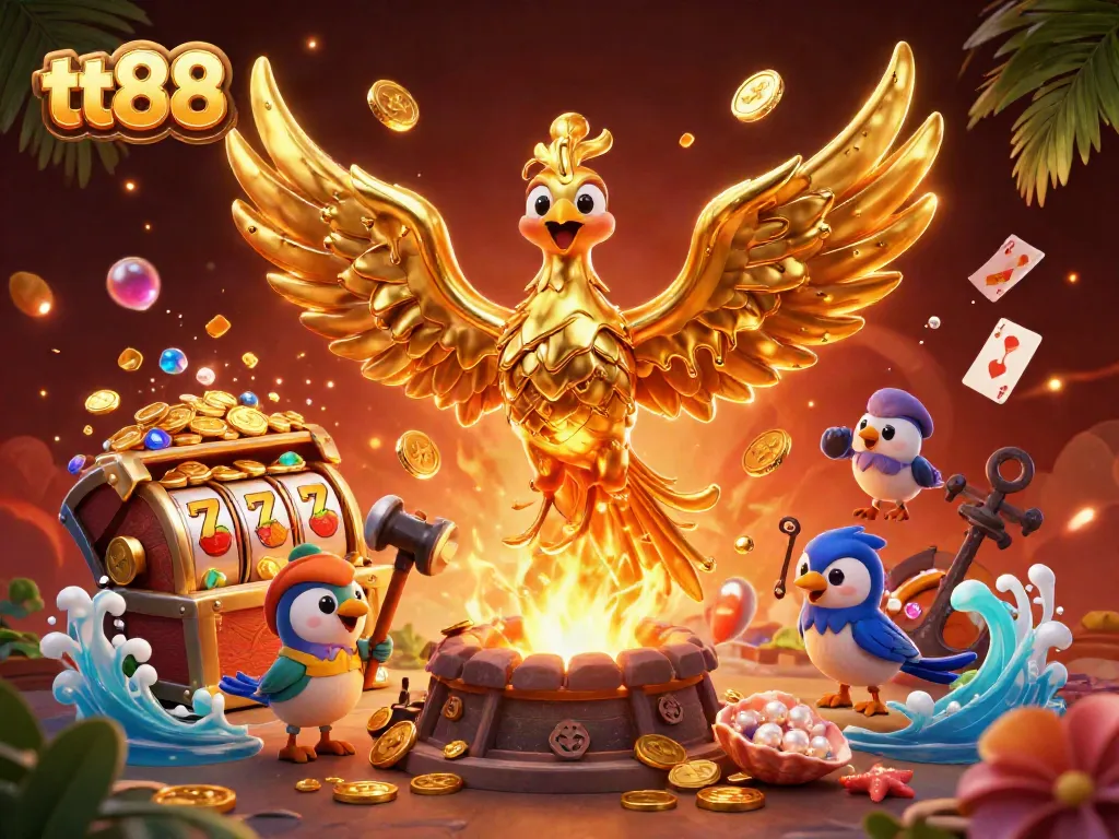 Experience thrilling gaming with tt88 featuring a molten phoenix and lively casino elements.