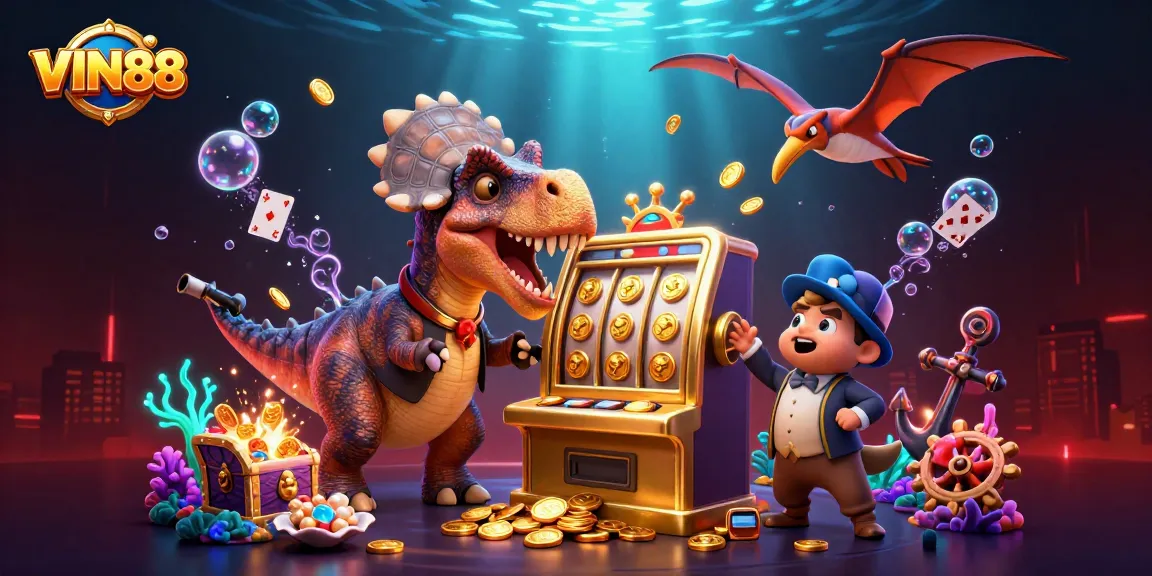 VIN88 slot machine scene with a dinosaur hitting it for jackpot coins and a pteranodon catching coins