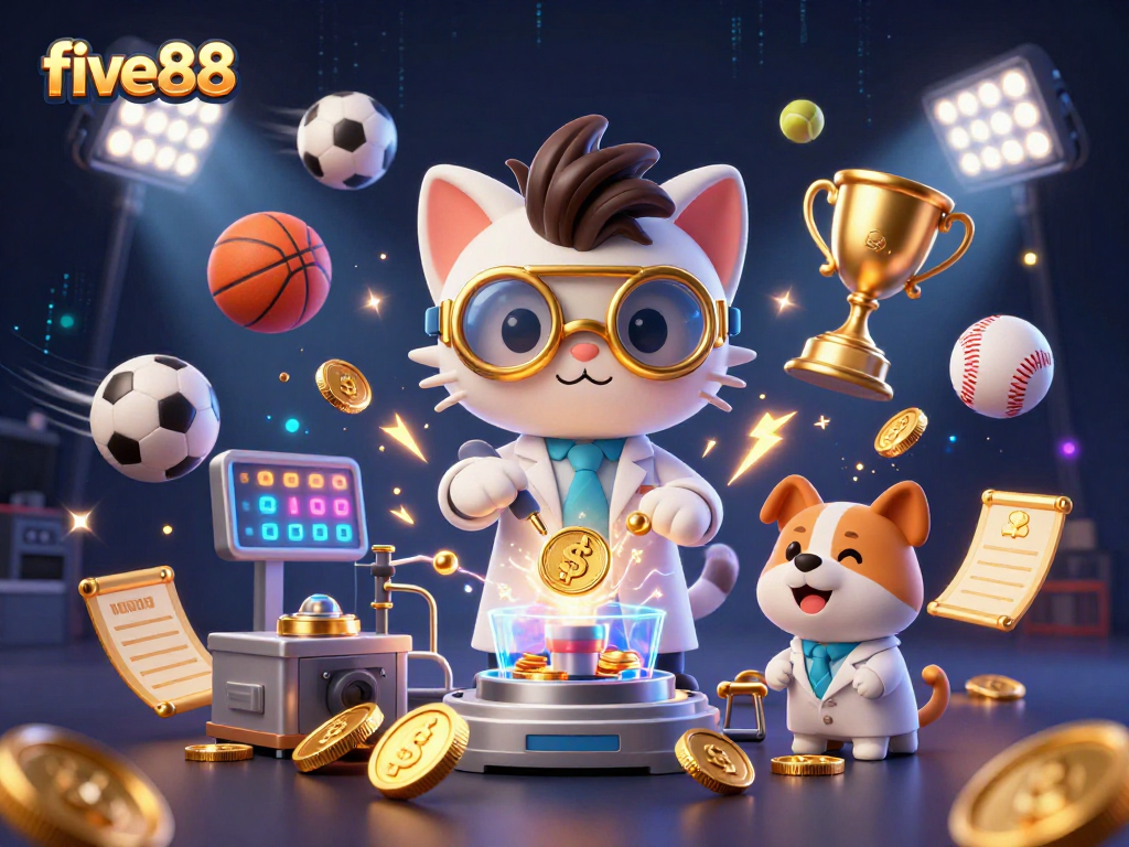 Experience the excitement of five88 with thrilling sports elements, gold coins, and dynamic characters.