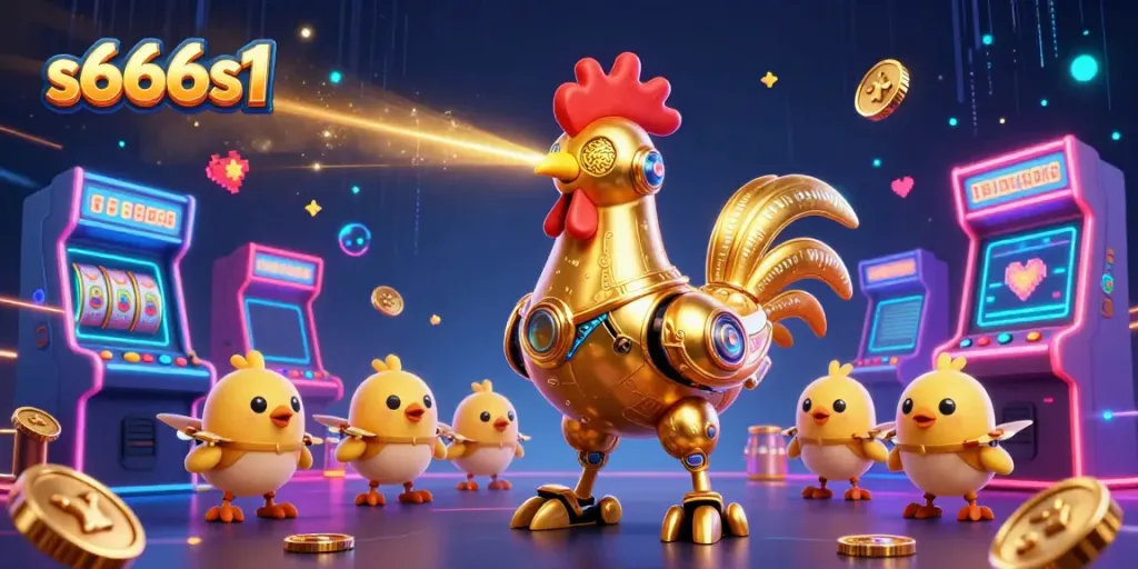 Engage in thrilling gaming with s666s1 featuring a golden rooster robot and arcade elements.