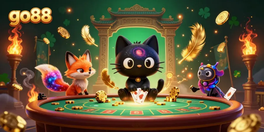 Engage with go88's casino magic through a dynamic cosmic scene of a black hole cat and a nebula fox.