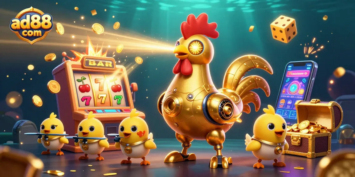 Engage with ad88 com in a dynamic casino scene featuring a golden rooster robot and baby chick drones!