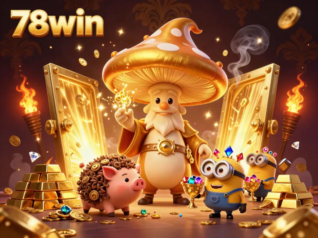 Experience the magic of 78win as the golden mushroom wizard turns treasures to gold amidst shimmering gems and coins.