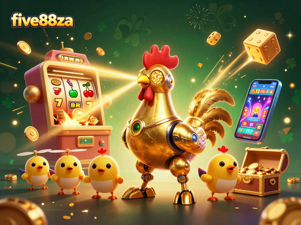 Experience excitement with the five88za golden rooster robot amidst a vibrant casino explosion.