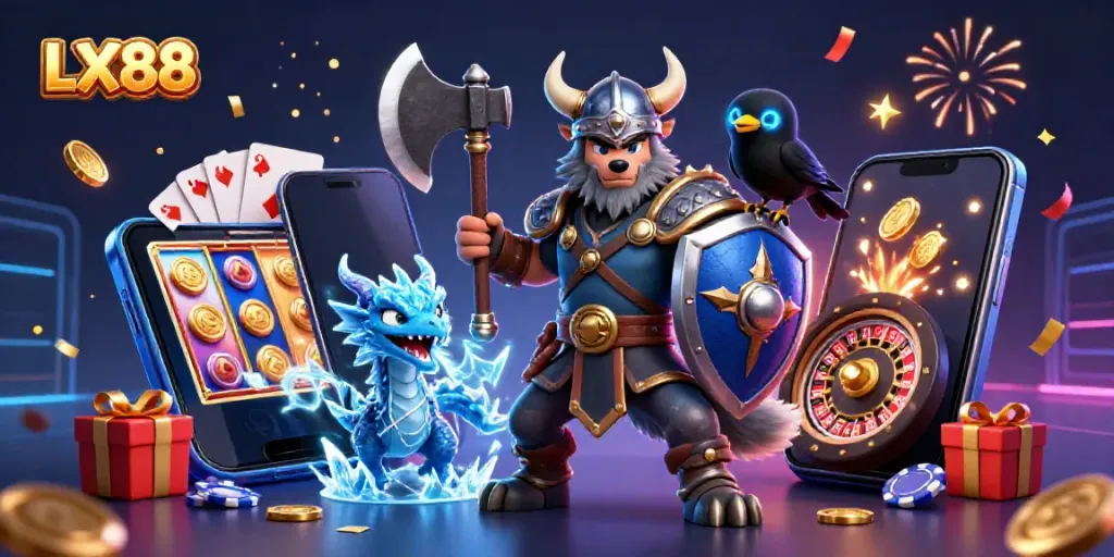 Engage in thrilling gaming sessions with LX88 at a vibrant online casino, featuring dynamic characters and exciting slot games.