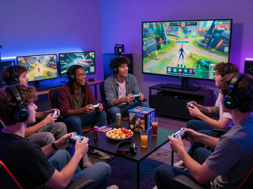 Exciting gaming session with friends using oxbet.com, controllers in hand, vibrant graphics on screen, energetic atmosphere.