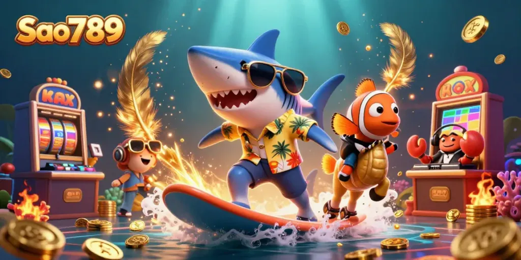 Sao789 featuring a shark, clownfish, and crab celebrating over golden coins and slots in a vibrant casino scene.