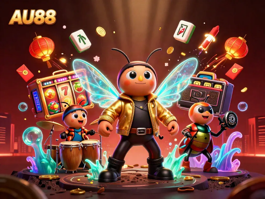 Experience the vibrant energy of AU88 with a colorful slot scene featuring a cicada rock star and more.