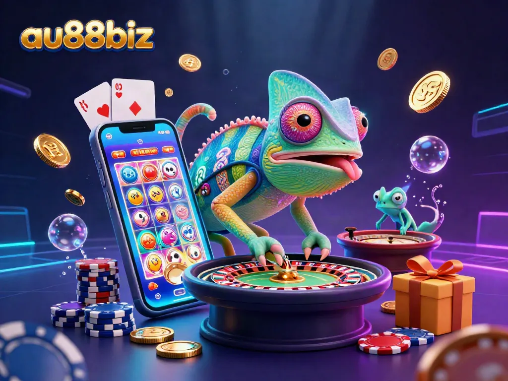 Play exciting games and win at au88biz, featuring a vibrant illustration of a chameleon's unique casino world.