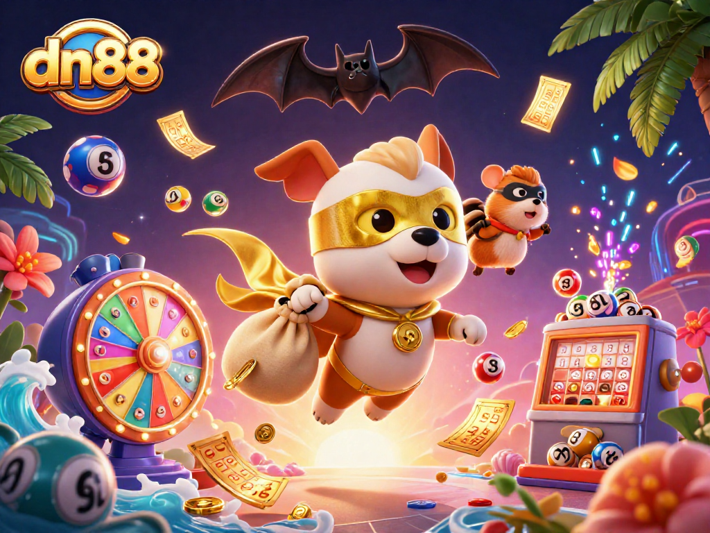 Join the excitement at dn88 with a superhero dog flying among vibrant lottery elements!