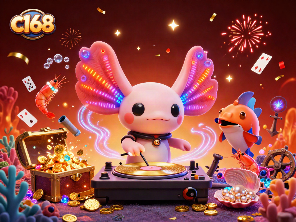 Experience the vibrant energy of c168 casino with a neon-colored axolotl DJ in a festive underwater scene.