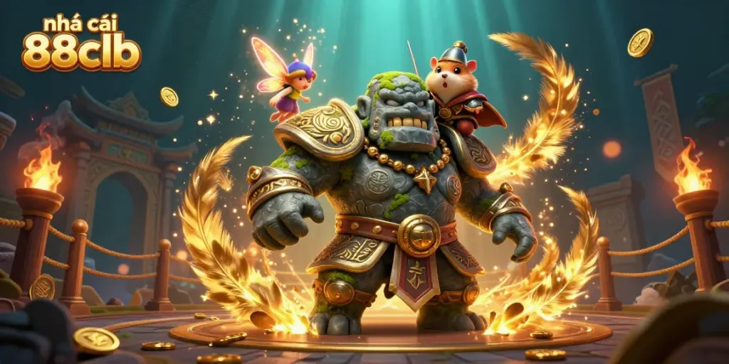 Engage with the enchanting scene of nhà cái 88clb featuring a magical golem and fairy.
