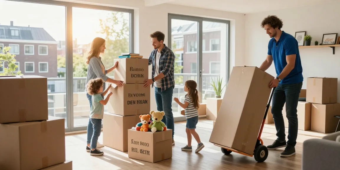 Family preparing for a move with a reliable verhuisbedrijf den haag, packing boxes and furniture.