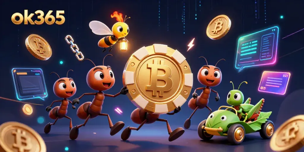 ok365 players enjoy a thrilling heist scene with cartoon ants, showcasing a golden poker chip.