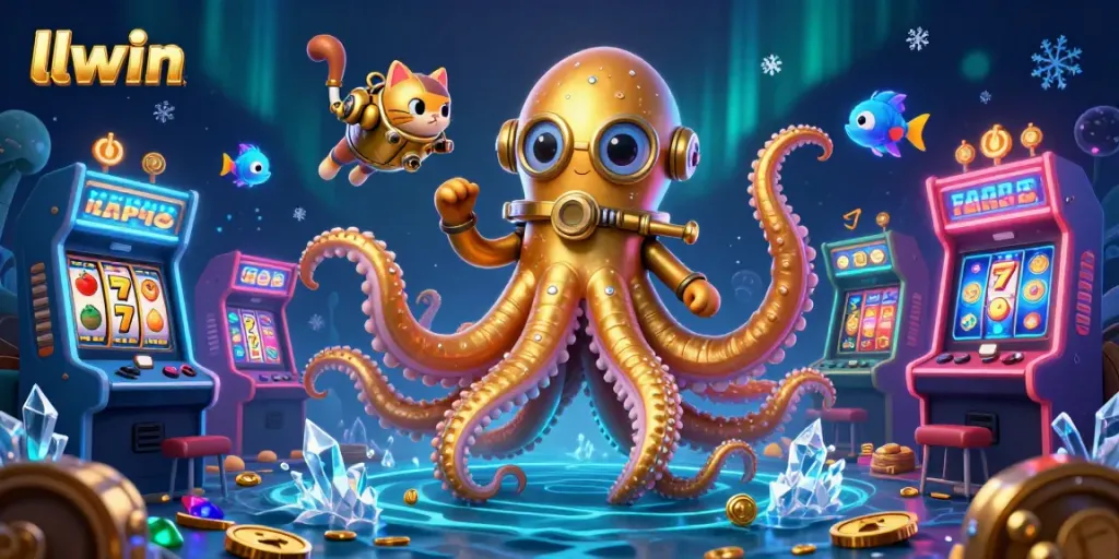Experience llwin's magical world with a kraken and diving cat in a vibrant casino illustration.