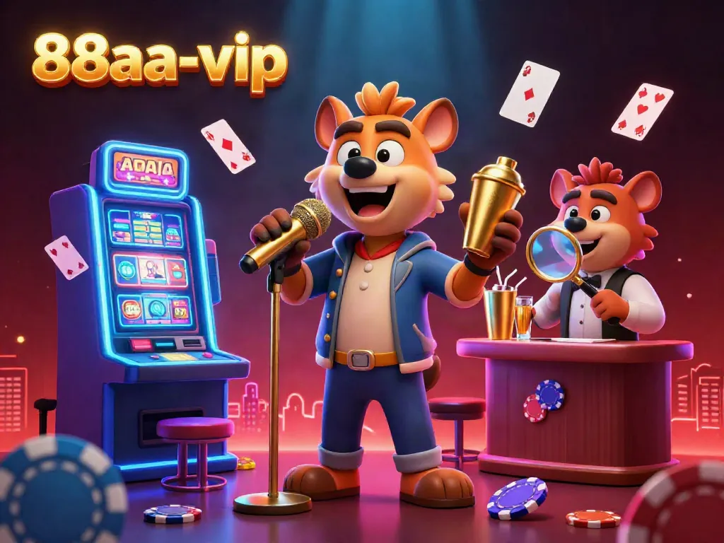 Hyenas entertain at the 88aa-vip casino, showcasing vibrant casino theme elements and golden details.