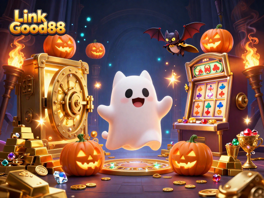Link Good88 enhances excitement with a ghost cat and treasures in a vibrant casino scene.