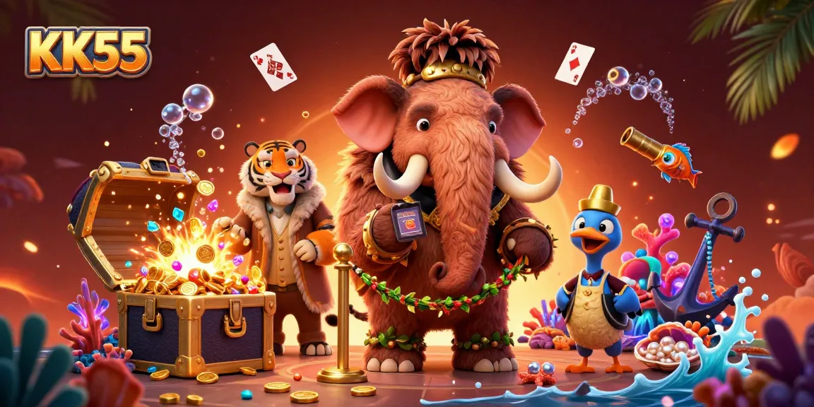Engage in thrilling gaming at KK55 with a vibrant 3D casino illustration featuring colorful characters.