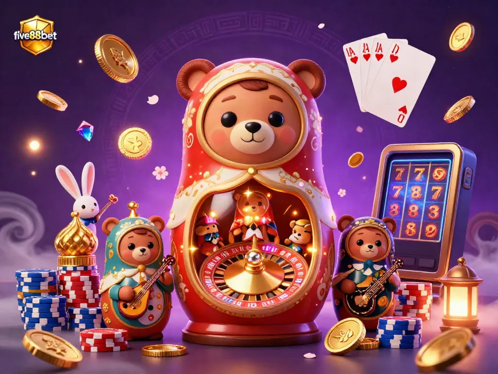 Experience the excitement of five88bet with a vibrant scene of casino themes featuring charming characters and dynamic game elements.