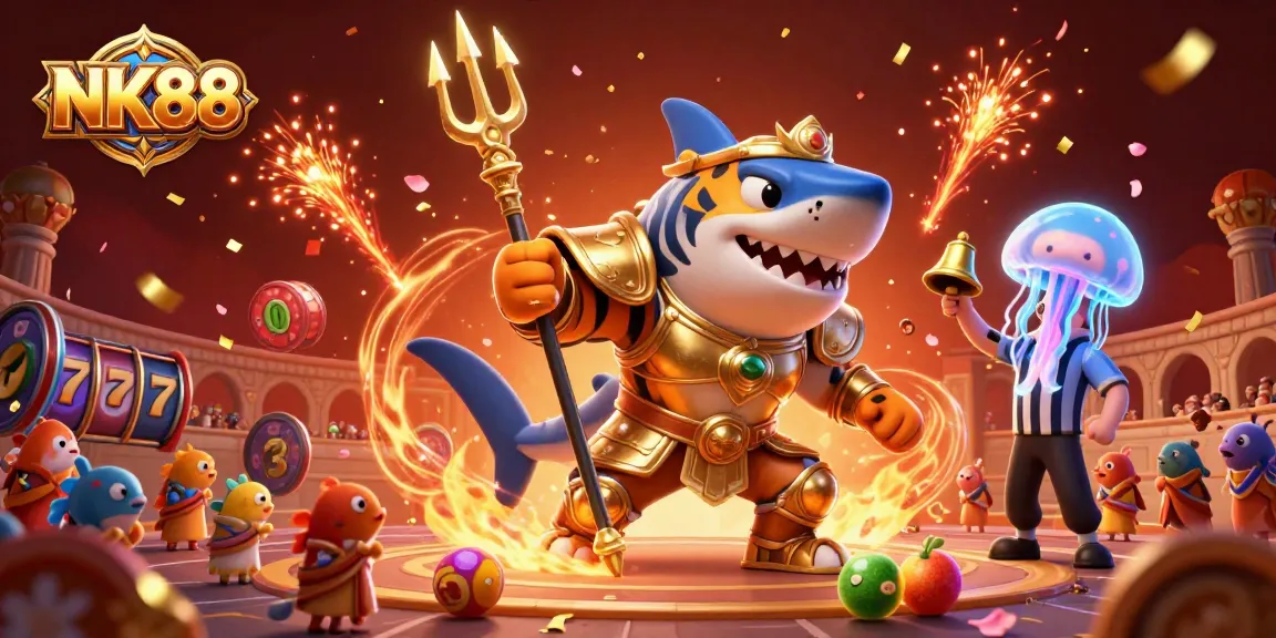 Engage in thrilling casino action with NK88 featuring a 3D cartoon tiger shark in armor, slot reels, and festive elements.