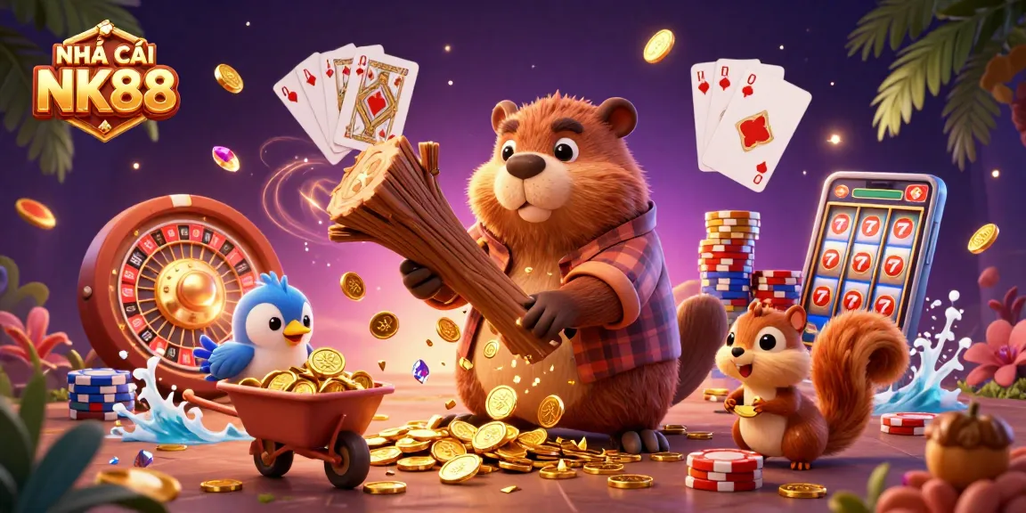 Spin and win with NHÀ CÁI NK88 while gathering golden coins and jackpots in a vibrant casino scene.