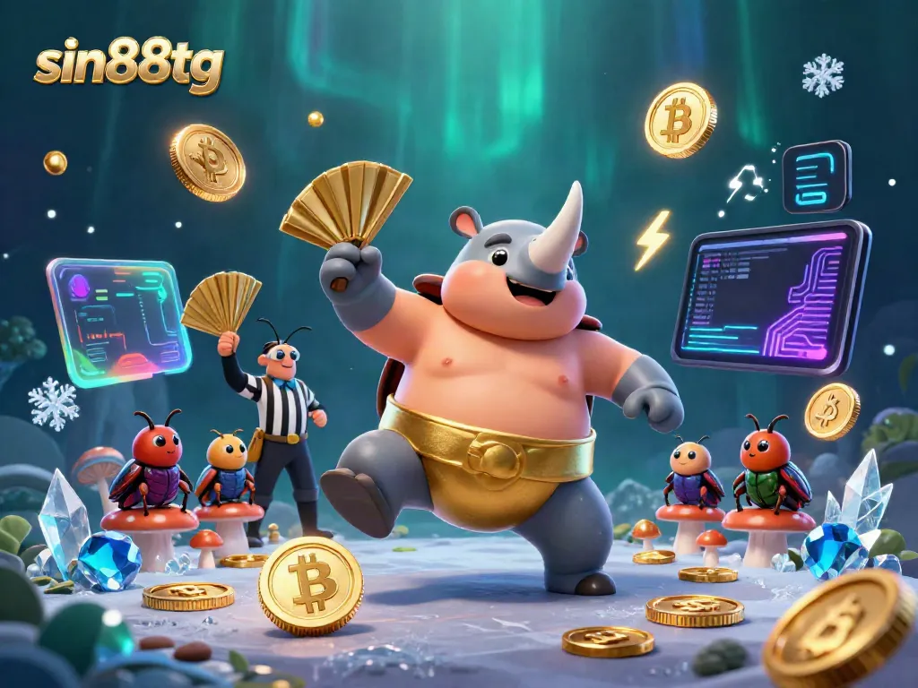 Experience exhilarating moments with sin88tg featuring a rhinoceros beetle sumo champion stomping coins in a vibrant casino scene.