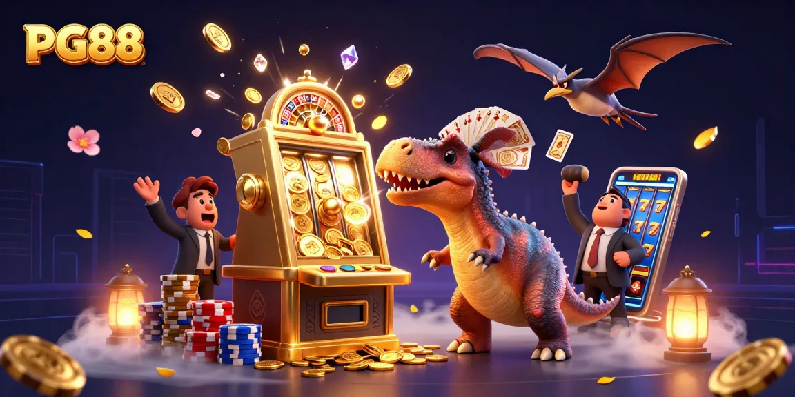 PG88 slot machine scene with cartoon dinosaurs and cascading coins in a vibrant casino.
