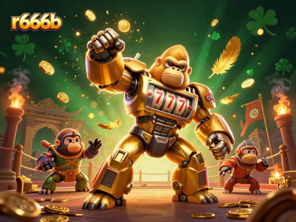 Engage with thrilling r666b gameplay featuring a golden gorilla mech in a dynamic casino battle.