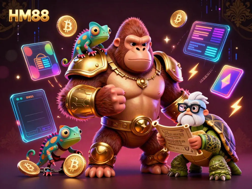 Winning at HM88 with a gorilla king, chameleon companion, and a tortoise elder amidst glowing crypto coins and gambling elements.