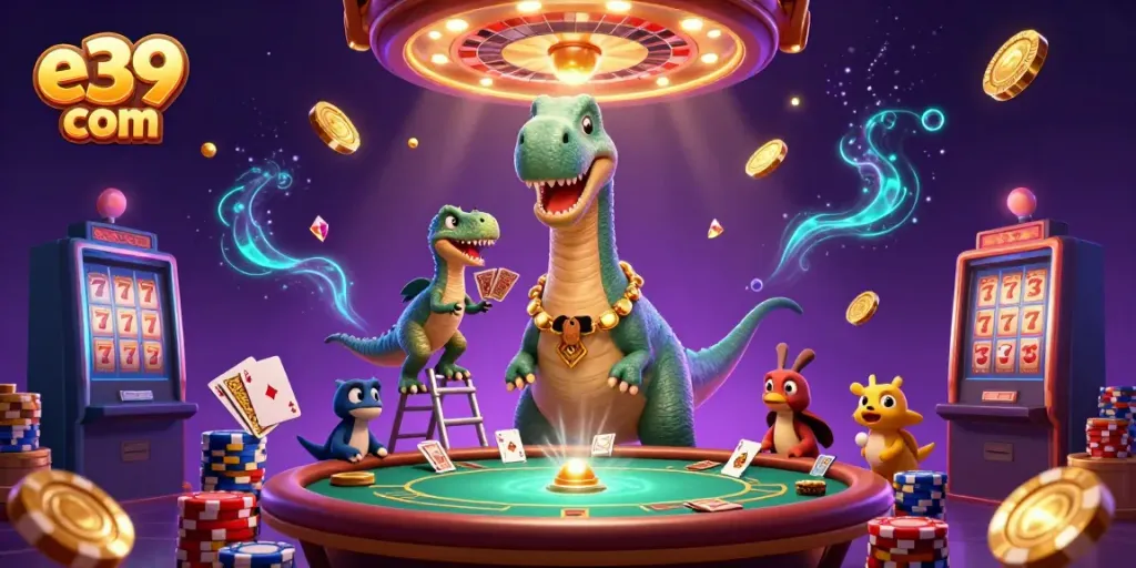 Engaging scene of the e39 com casino with a dinosaur and a raptor dealing cards amidst a flurry of golden coins and colorful poker chips.