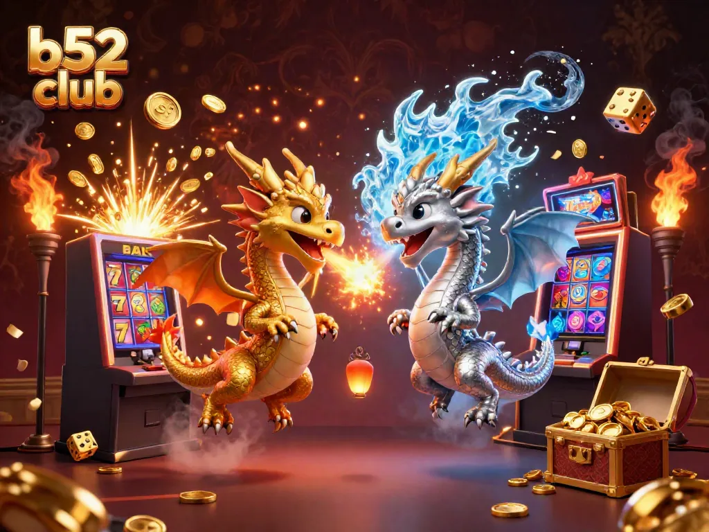 Engage with B52 Club's thrilling jackpot scene featuring dynamic dragons and lively casino elements.