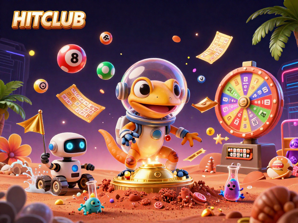 Experience the excitement at HITCLUB with a vibrant casino scene featuring dynamic lottery elements and characters.