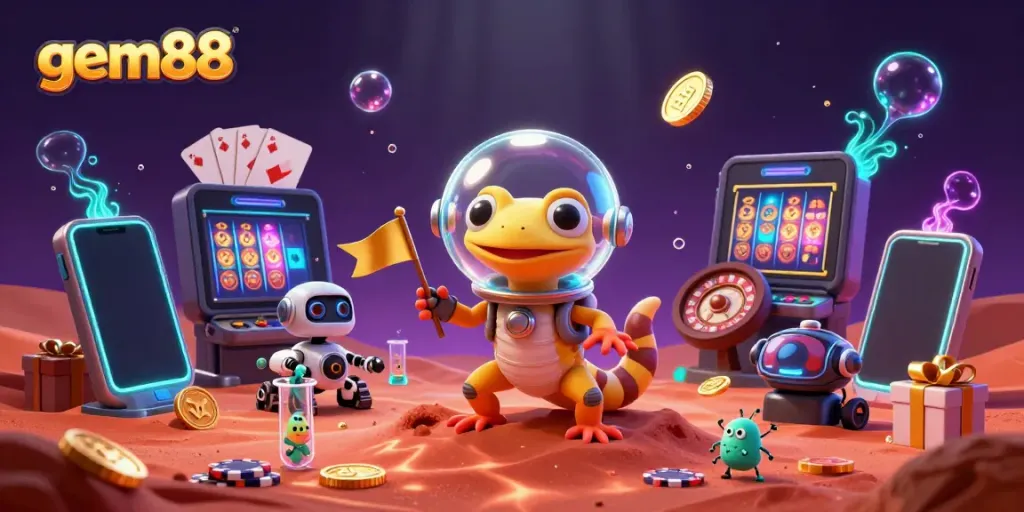 gem88 Martian gecko explores a golden casino on Mars surrounded by exciting gambling elements.