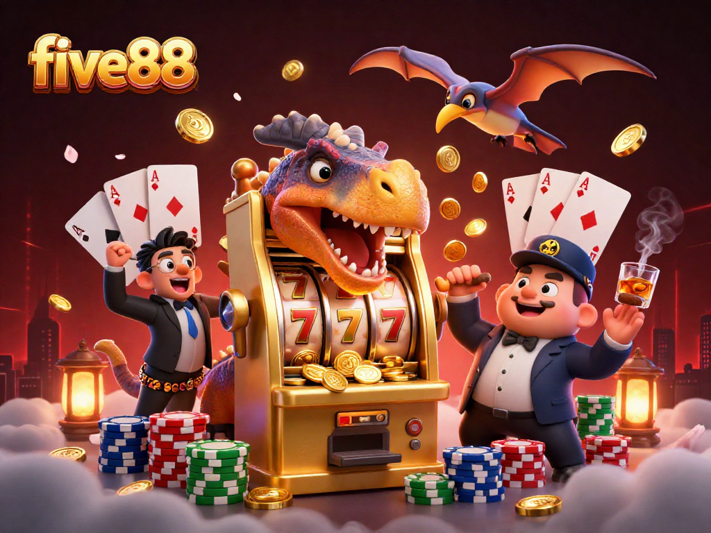 Engaging five88 scene with a dinosaur and a golden slot machine generating coins and excitement.