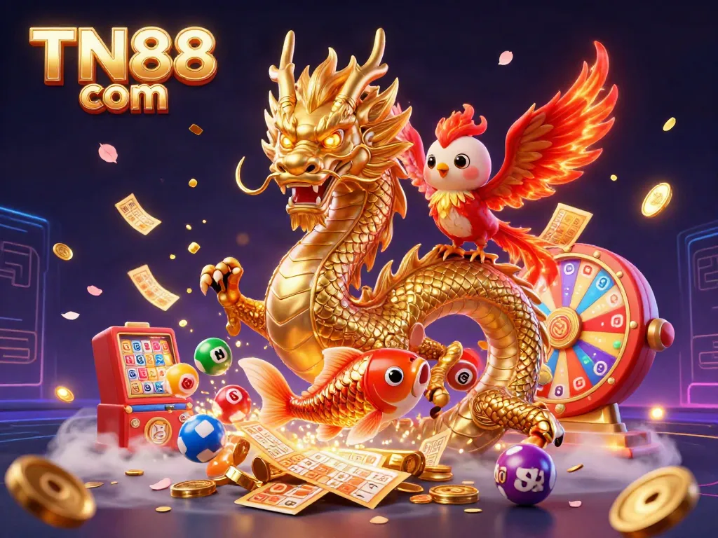 Engage in thrilling gaming with TN88 com, featuring rich visuals of a dragon, phoenix, and koi fish amid colorful gambling elements.