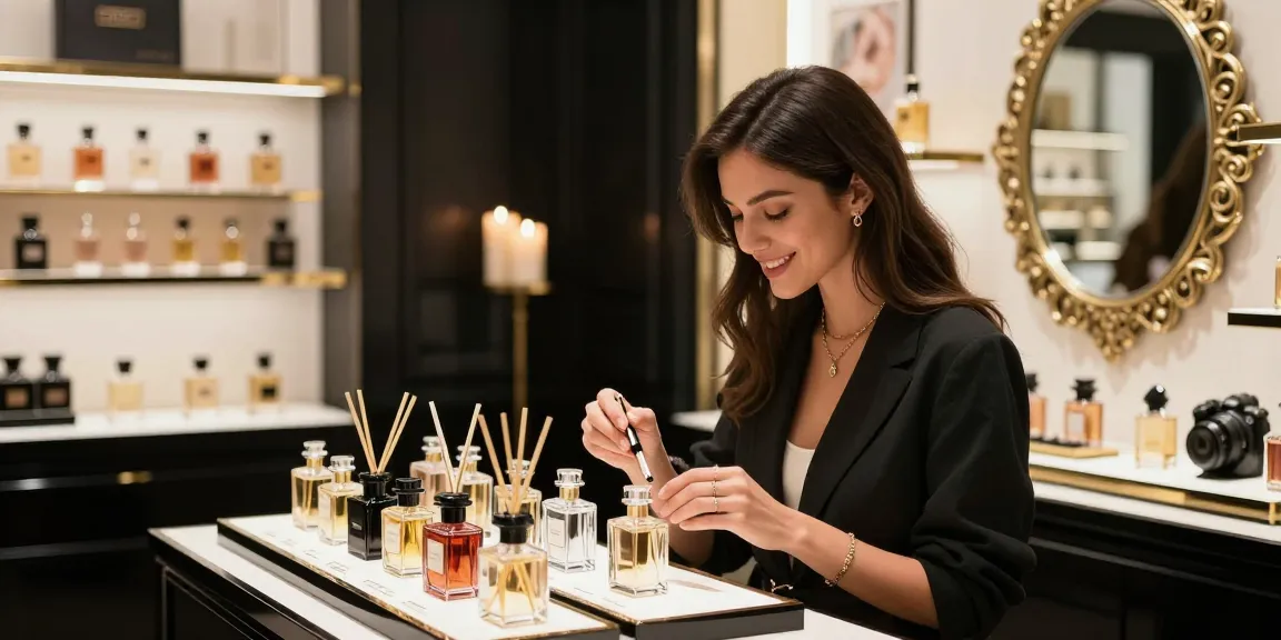 Probeer parfum samples kopen in luxe parfumwinkel met stijlvolle vrouw die verschillende geuren test.
